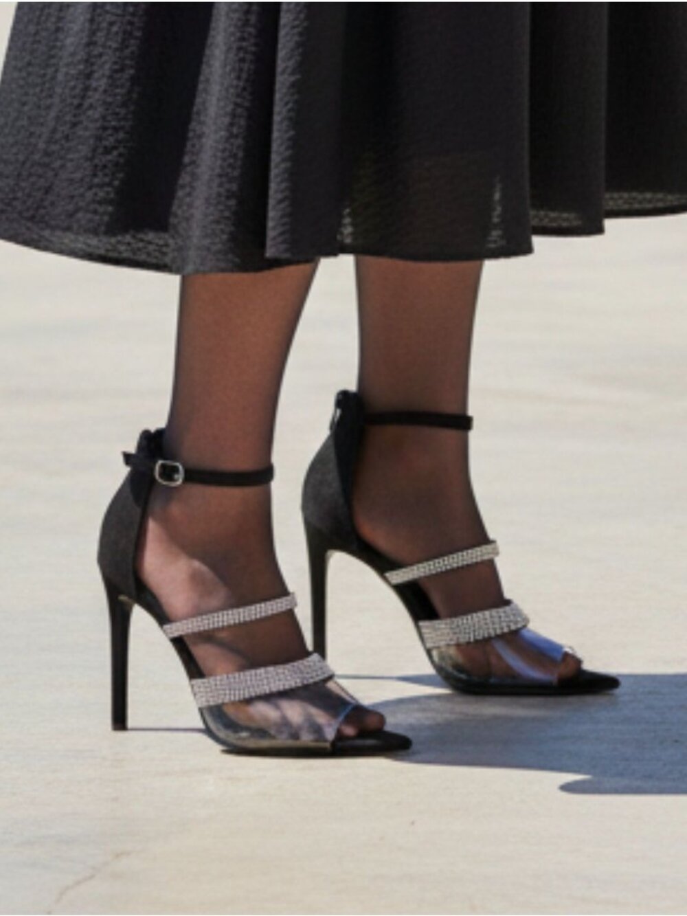 Rhinestone Clear Strap High Heels With Ankle Buckle & Back Zipper - Elegant Blac